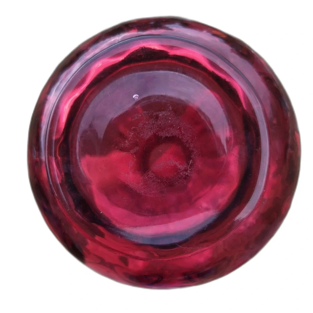 VTG Cranberry Glass Pitcher Ruffled Rim Clear Reeded Handle Optic 6.5 Inch